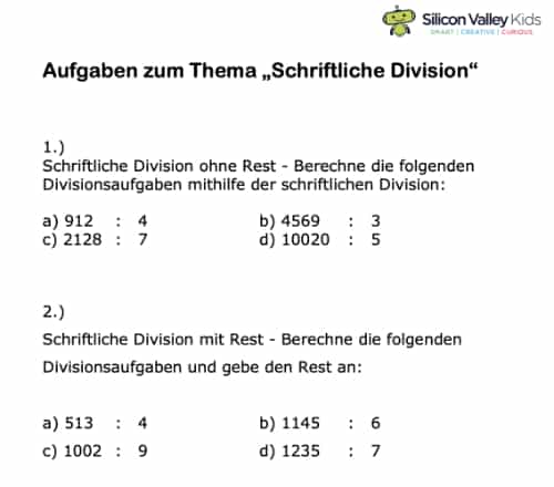 Schriftliche Division Aufgaben