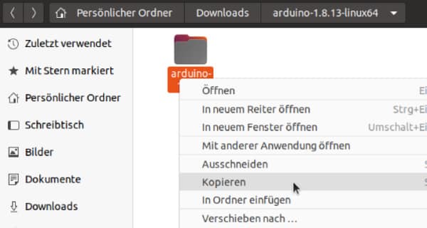 Arduino Download - Eine Kopie des entpackten Unterordners