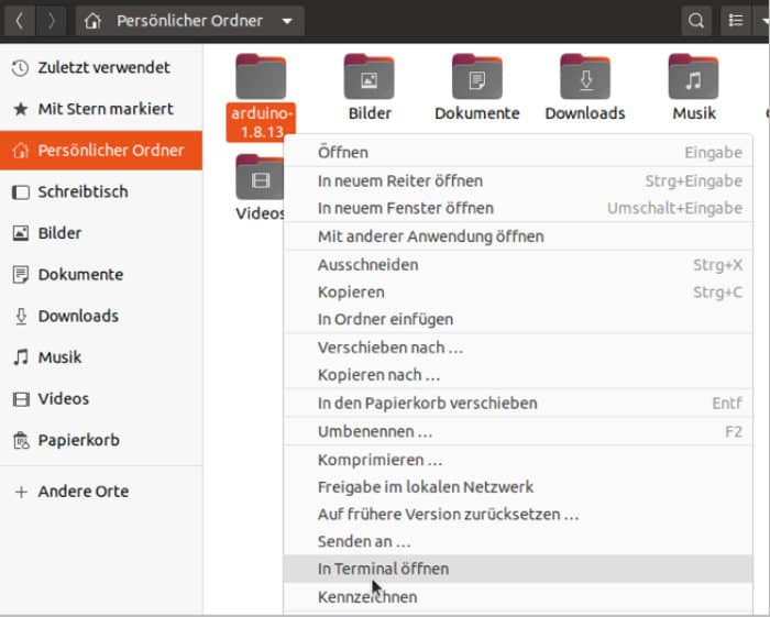 Das Öffnen des Ordners im Terminal