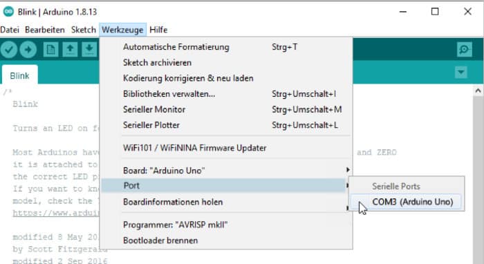 Das Einstellen des USB-Ports - Arduino Installation