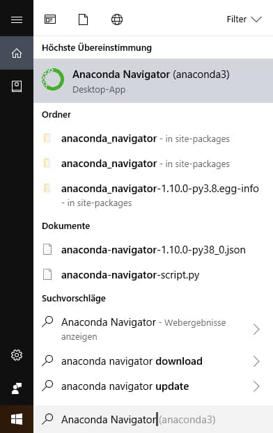 Navigator öffnen in Python Anaconda