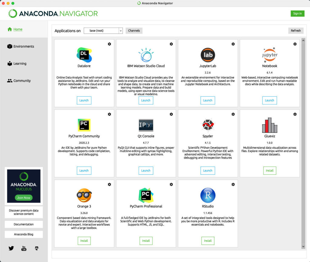 Startseite des Navigators in Python Anaconda