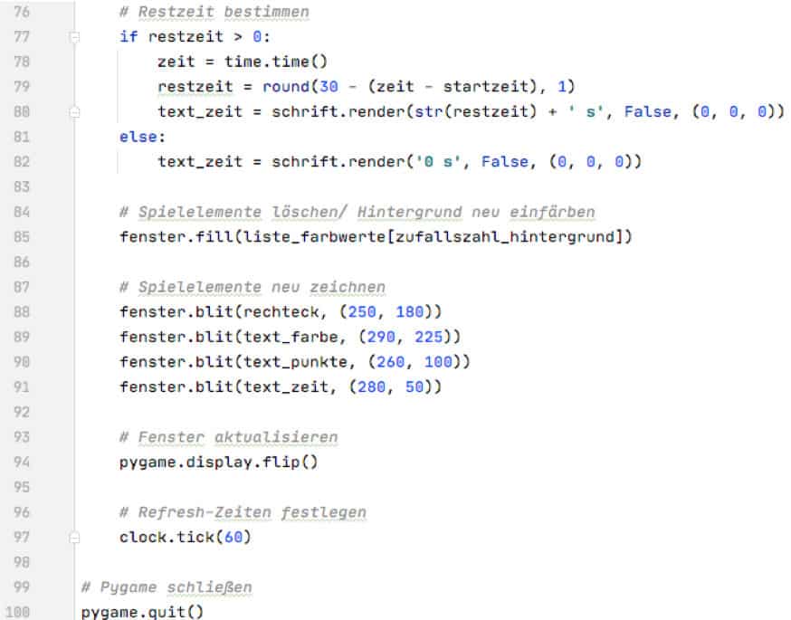 Hauptschleife des Pygame Spiels