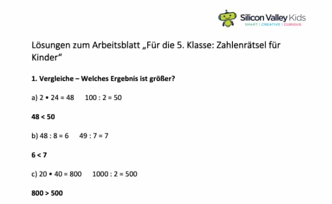 Zahlenrätsel Klassenstufe 5 Lösung