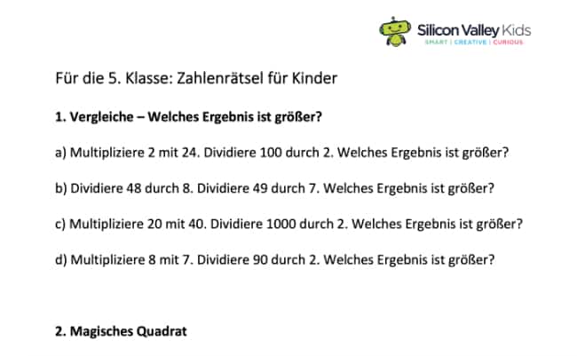 Zahlenrätsel Klassenstufe 5