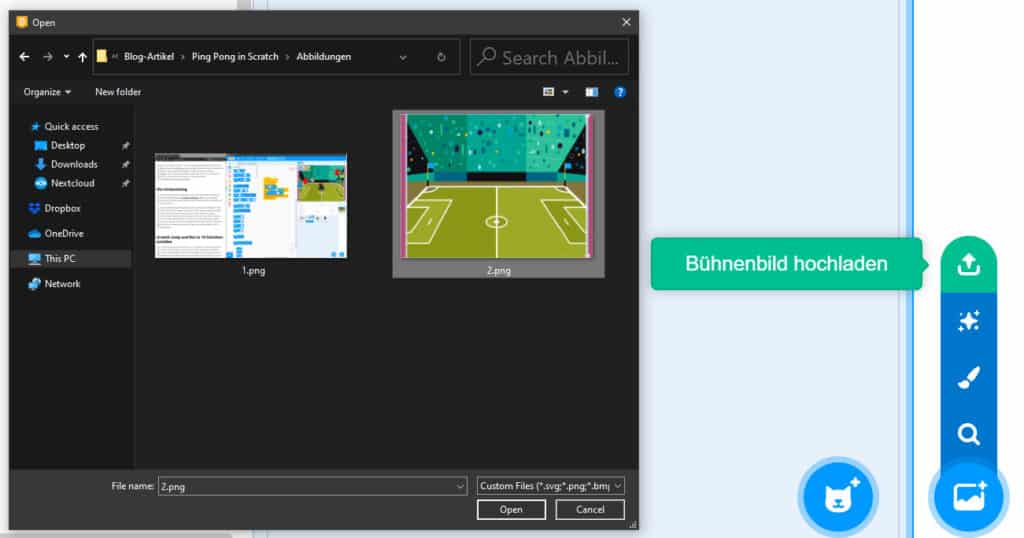 Ping Pong in Scratch – Das Bühnenbild hochladen
