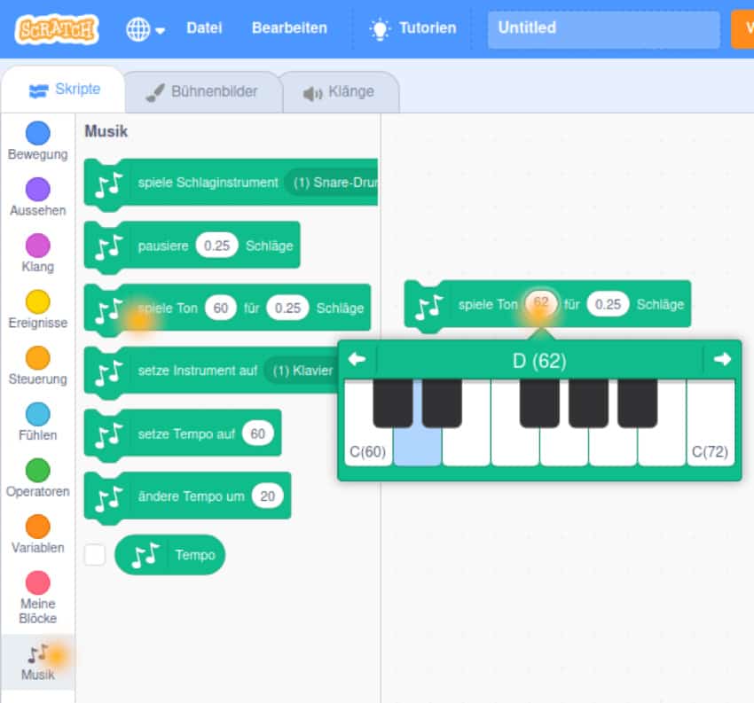 Der Notenblock für Musik in Scratch