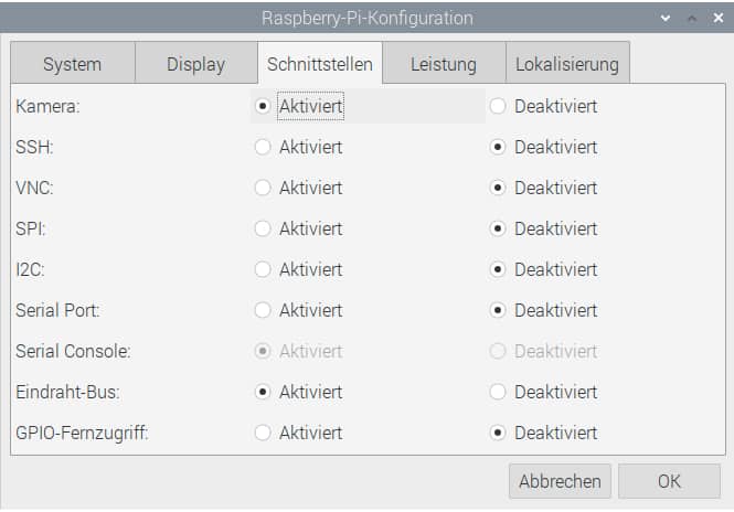 Raspberry Pi Überwachungskamera in den Einstellungen aktivieren