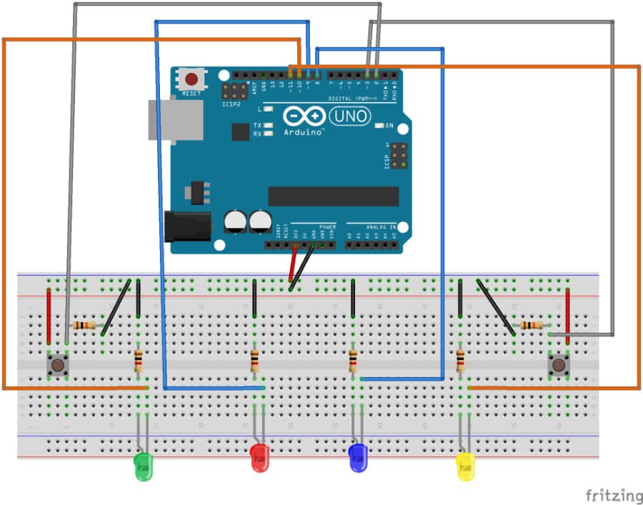 Eine schematische Darstellung des Aufbaus – Arduino Reaktionsspiel