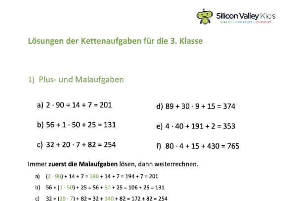 Lösungen der Kettenaufgaben Klasse 3