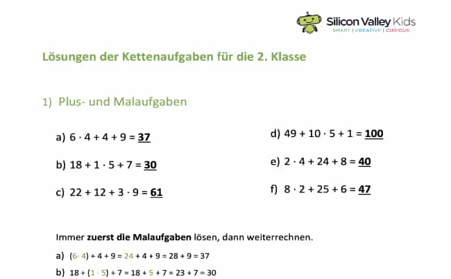 Kettenaufgabe Klasse 2: Lösung