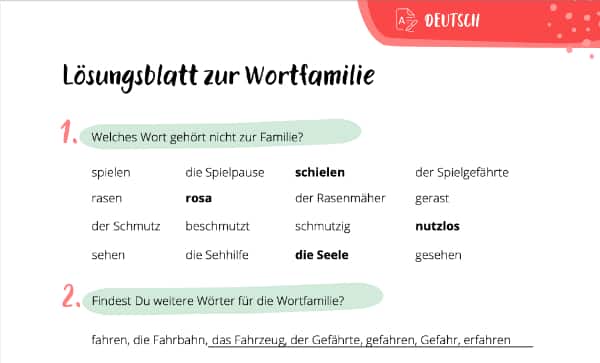 Familien von Wörtern – Lösung