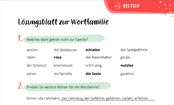 Familien von Wörtern – Lösung