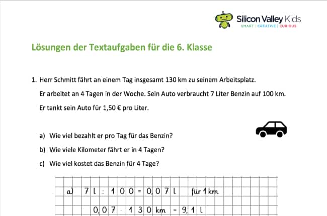 Lösung der Sachaufgabe – 6. Klassenstufe