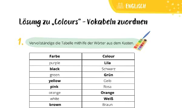 "Colours" auf Englisch zuordnen – Lösung